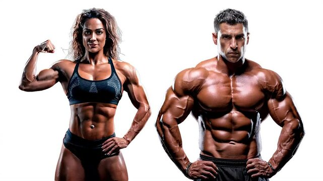 Medium shot 2d looped animataed video of two bodybuilders posing to showcase muscular definition