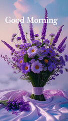 Obraz premium A beautifully arranged bouquet of purple and lavender flowers, including daisies and other blossoms, placed on a soft, silky white cloth. 