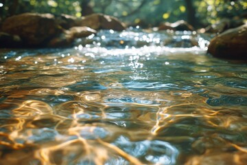 Fototapeta premium Serene river stream flowing through lush forest reflecting sunlight creating a tranquil nature scene with crystal water and smooth rocks in a natural setting