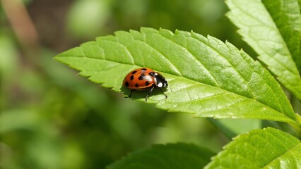 Fototapeta premium Close-Up of a Ladybug on a Bright Green Leaf