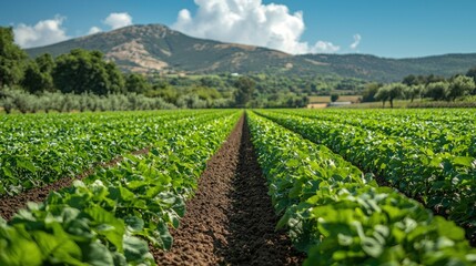 Lush green rows of crops in a sunny field with a mountain backdrop.
