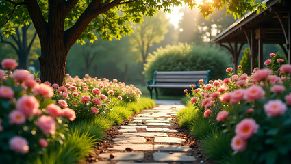 Tranquil Garden Retreat, A Stone Path Leads Through Blooming Flowers to a Serene Resting Spot Basking in the Gentle Warmth of Sunlight Filtering Through the Trees