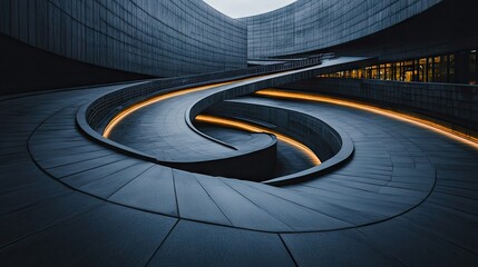 Obraz premium A gracefully curved architectural pathway softly shines, enhanced by ambient lighting, at an urban structure during the enchanting twilight hours
