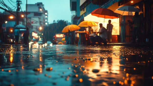 Rainy monsoon evening friend gathered pakoras chai vibrant umbrella color detailed water reflection ground cinematic dusk ambiance intricate rain droplet ultra clear golden ratio composition natural