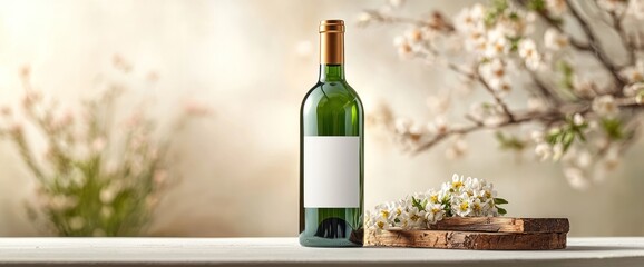 Wine bottle on a white surface with spring flowers
