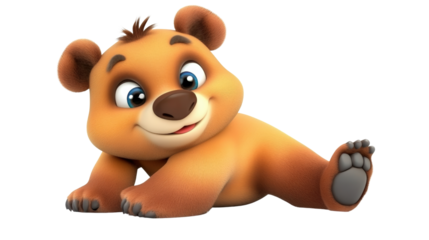 Cartoon bear smiling cheerfully in a colorful scene surrounded by trees and flowers in a joyful setting isolated on transparent background..