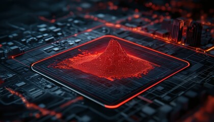 A digital representation of a mountain-like structure in red, set against a dark, grid-like urban background.