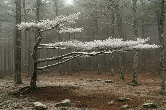 Enchanting winter forest scene with a unique frost covered tree standing out in the misty landscape and brown leaves
