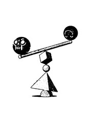 Abstract graphic illustration showcasing a balance between a skull motif and a moon symbol, held by geometric solids. Offers a unique and conceptual visual for various projects