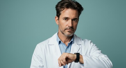 Professional doctor checking time on smartwatch in medical setting