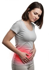 Woman experiencing abdominal pain and discomfort for health and medical awareness
