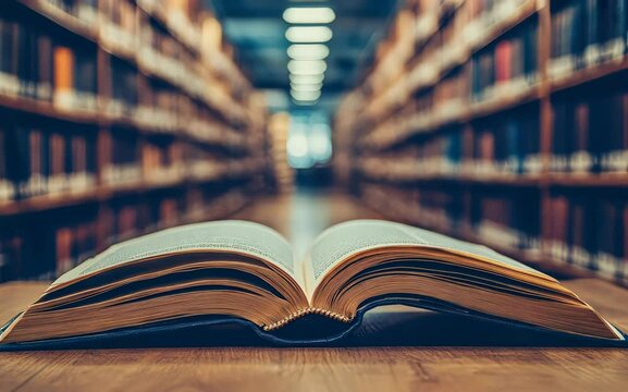 Open book on a wooden table in a quiet library with blurred bookshelves. Perfect for education, learning, and literature themes.