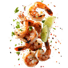 Flying Grilled Shrimp with Lime and Chili Isolated on Transparent Background