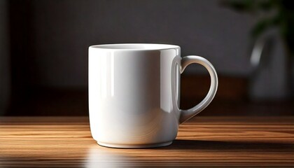 Taza blanca sobre superficie lisa de madera y fondo con desenfoque
