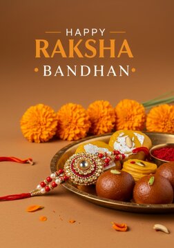 Raksha bandhan celebration with traditional sweets and decorative rakhi on festive background