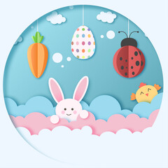 Whimsical Easter Paper Cut Style Illustration with Bunny, Chick, Hanging Carrot, Polka Dot Egg, Ladybug, and Colorful Cloud Background for Spring Holiday Designs