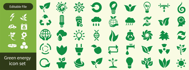 Green energy icon. Renewable eco power logo vector set. Green natural electricity. Leaf nature energy. set of green leaves with concept.
