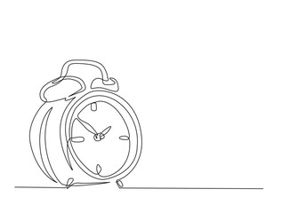 Vintage alarm clock in single line draw illustration. Continuous one line drawing of table clock. Editable stroke.