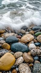 colorful stones on the beach with the ocean crashing in the background 