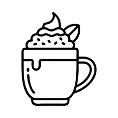 Delicious hot chocolate with whipped cream and mint leaves vector line art illustration design element