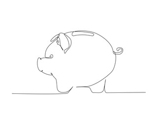 Piggy bank in single line draw illustration. Continuous one line drawing of pig saving money box. Editable stroke.