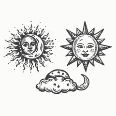 Sun and moon mystical elements in boho style, cloud, sun and crescent moon with face. Vector Hand Drawn Illustration Isolated On Transparent Background