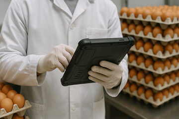Food industry worker with gloves using digital tablet to record egg safety inspection and quality data during HACCP monitoring process in clean facility..