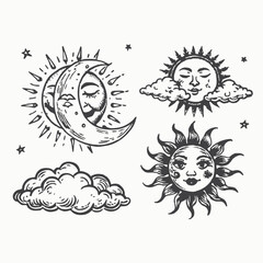 Obraz premium Black silhouette Antique style hand drawn art golden sun, crescent moon and stars over blue black sky. vector icon isolated on white background