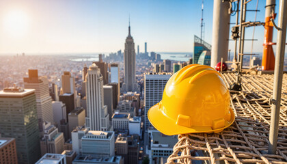 Yellow hard hat on construction site with city skyline