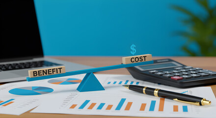 Fototapeta premium Benefit and Cost Wooden Blocks on Seesaw Balanced on Desk With Calculator and Documents in Office