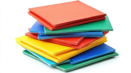 Vibrant stack of colorful square tiles in primary hues arranged on a clean white background studio shot