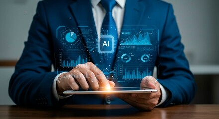 A professional interacts with a tablet displaying AI driven data analytics, showcasing technology and business integration in a modern setting.