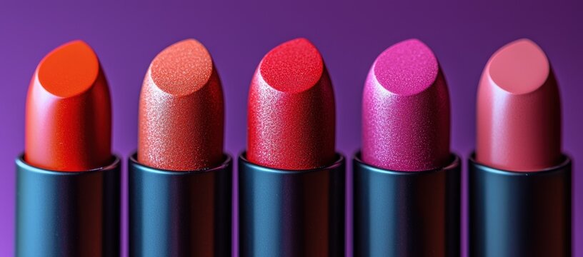Five lipstick tubes in various shades of red, pink, and orange on a purple background.