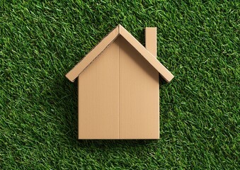A cardboard house model sits on a green grass background, symbolizing eco-friendly housing or creative style.