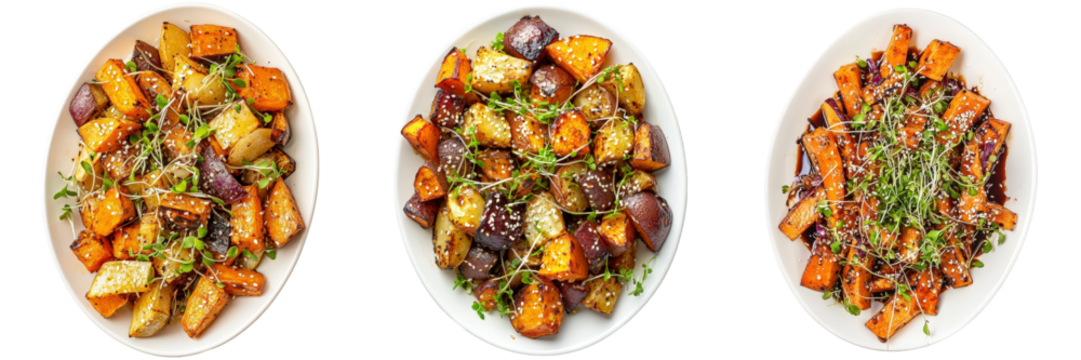 Roasted Root Vegetables with Sesame Seeds and Sprouts.