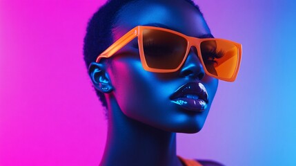 Fashion model posing with orange sunglasses in front of artistic pink and blue lighting