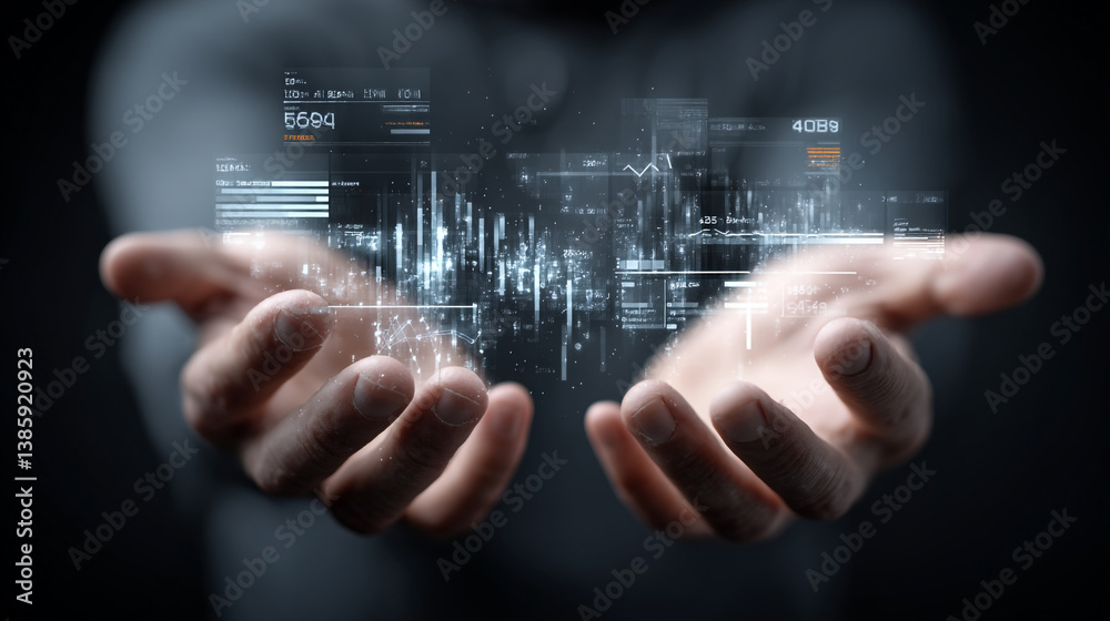 Poster a person holding a digital interface with data and graphs in their open hands in a dark setting
