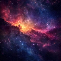 Majestic cosmic nebula with vibrant hues of red purple and gold illuminating a vast expanse of starry space