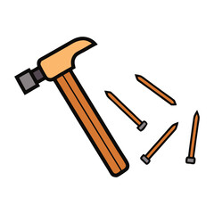 A hammer and nails beside wood scraps