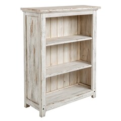 A rustic white wooden bookshelf with three shelves, perfect for displaying books or decorative items, conveying simplicity and charm in home interior design.