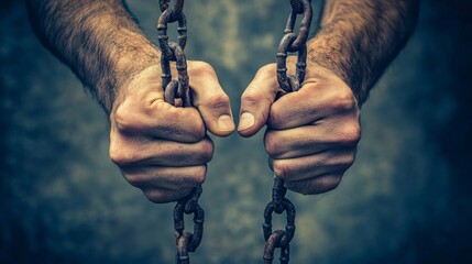 Man grips two rusty chains tightly in his hands