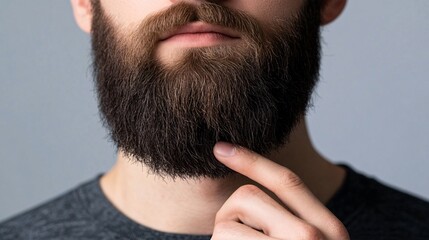 Obraz premium Young bearded man is touching his beard with his finger