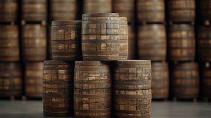 Wooden barrels stacked in a distillery showcase traditional craftsmanship and serve as storage for aging spirits in a warm, inviting atmosphere