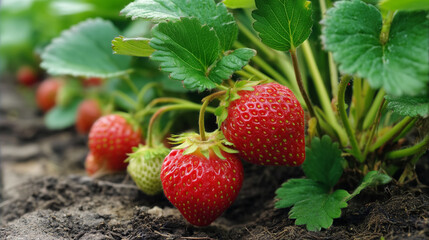 Ripe strawberries growing