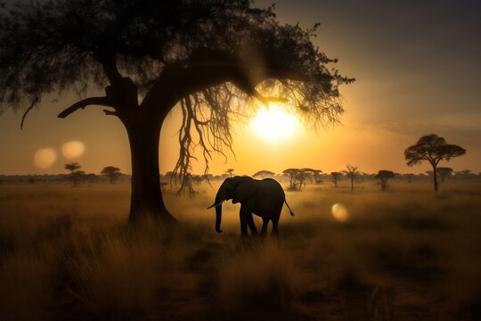 Elephant silhouette under a tree at sunset in the African savannah