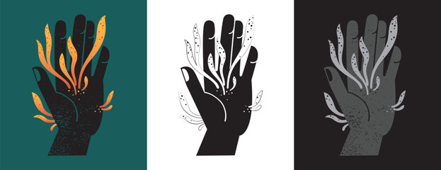 Fototapeta premium Cordyceps militaris fantasy science fiction surreal vector illustration. Human zombie hand palm infected with ophiocordyceps. T-shirt hoodie print drawing, gothic black and white colorful concept.