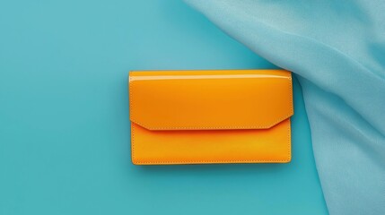 Small orange wallet lying on a light blue background. the wallet appears to be made of leather and has a rectangular shape with a flap on top.