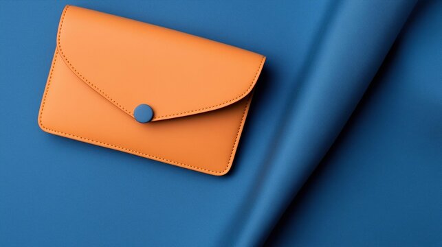 Orange leather wallet lying on a blue fabric background. the wallet is rectangular in shape and has a flap closure with a small blue button on the front.