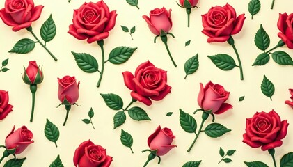 Small scale repeating rosebuds, green leaves on beige, texture, floral, rose pattern