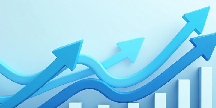 A 3D abstract composition of rising arrows, implying economic growth, data analysis, and success